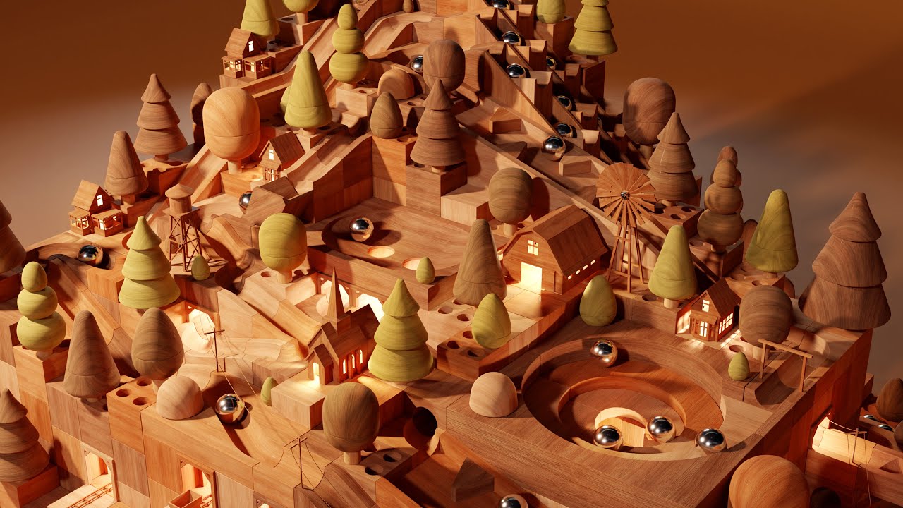 Wooden Town MARBLE RUN [Track A] | Made In Blender