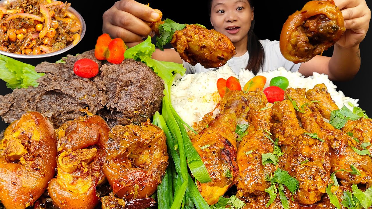 Eating Spicy Pork Leg Pickel, Chicken Leg Curry With Dhido & Gundruk Bhatmas, Nepali Food Mukbang