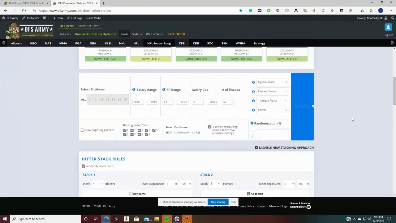 Учебное пособие по DFS Army Domination Station Optimizer &mdash; MLB Stacking