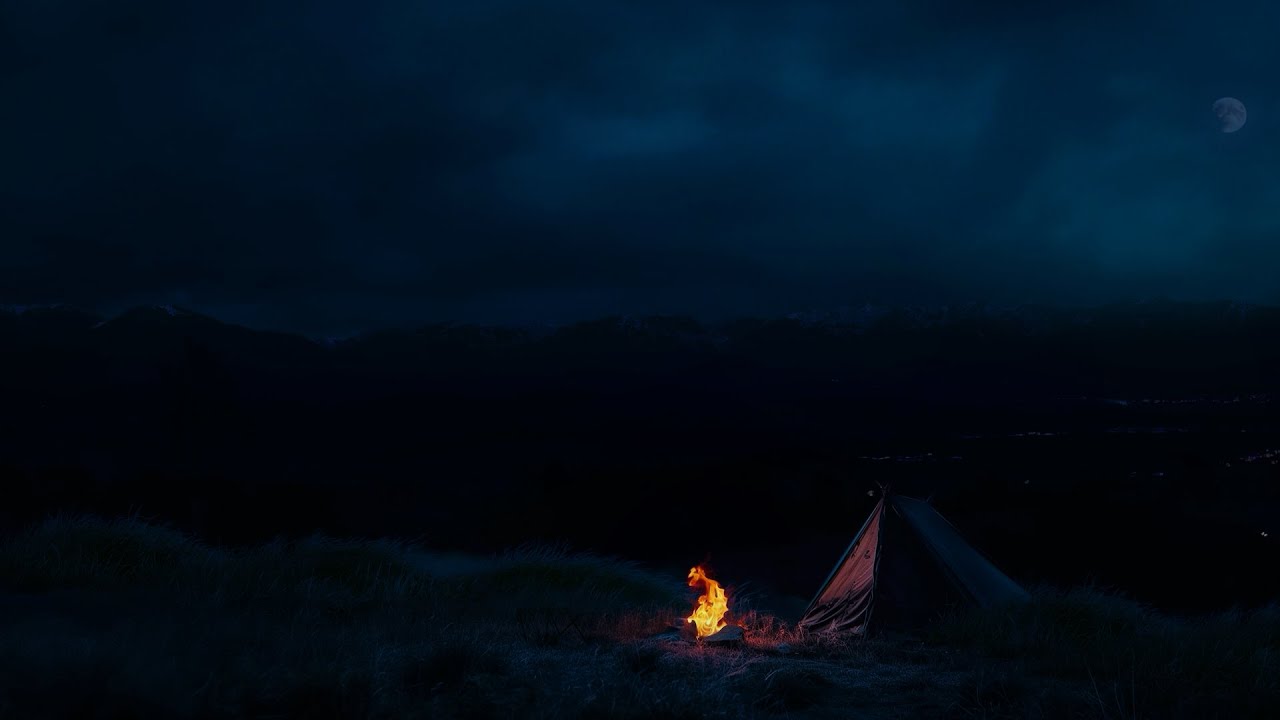 Peaceful Valley Camping with the Sounds of Night Thunder, Crickets, Wind and Campfire Sounds