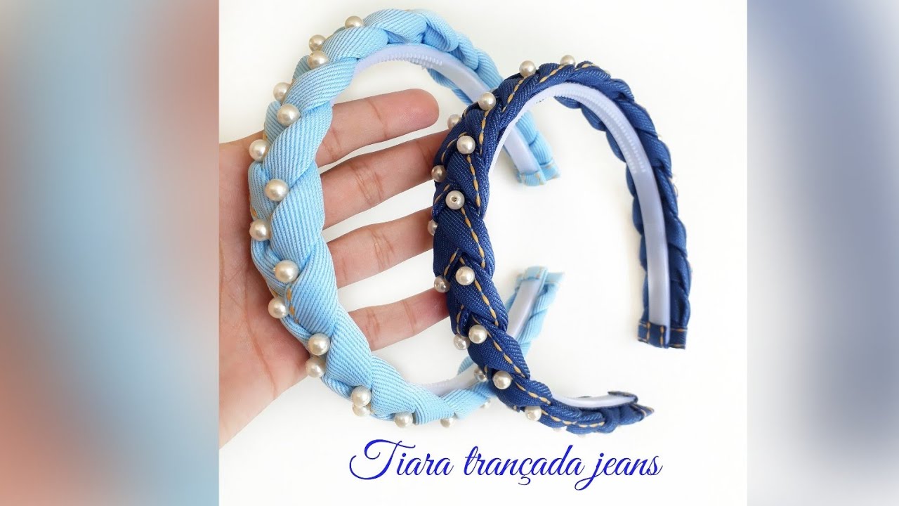 Tiara jeans trançada com pérolas