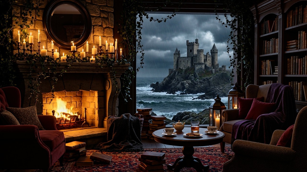 Cozy Library Fireplace During a Storm | Relaxing Rain & Ocean Castle Ambience