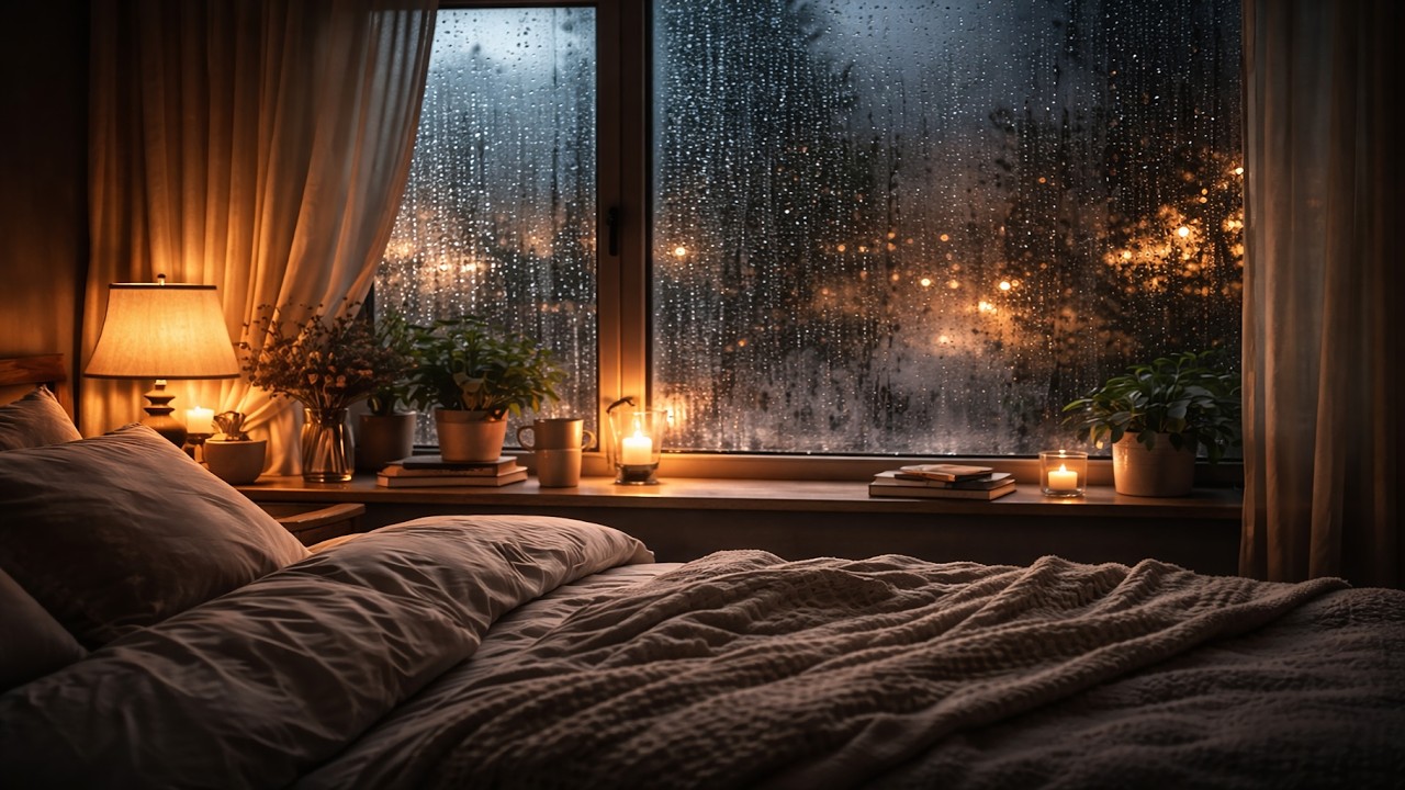 Gentle Rain on Window in a Cozy Bedroom - 10 Hours - Black Screen
