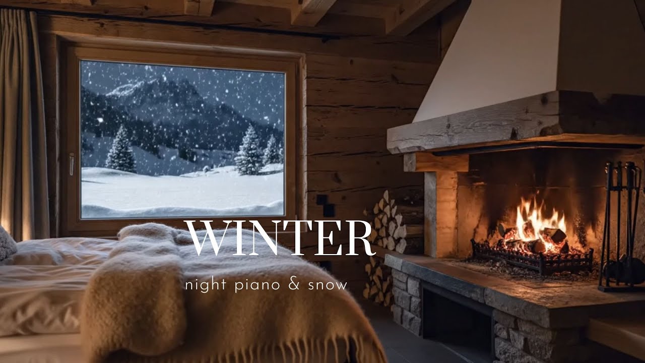 A Cozy Wooden Cabin While Snow Falls Outside Warm Fireplace  Winter Ambience