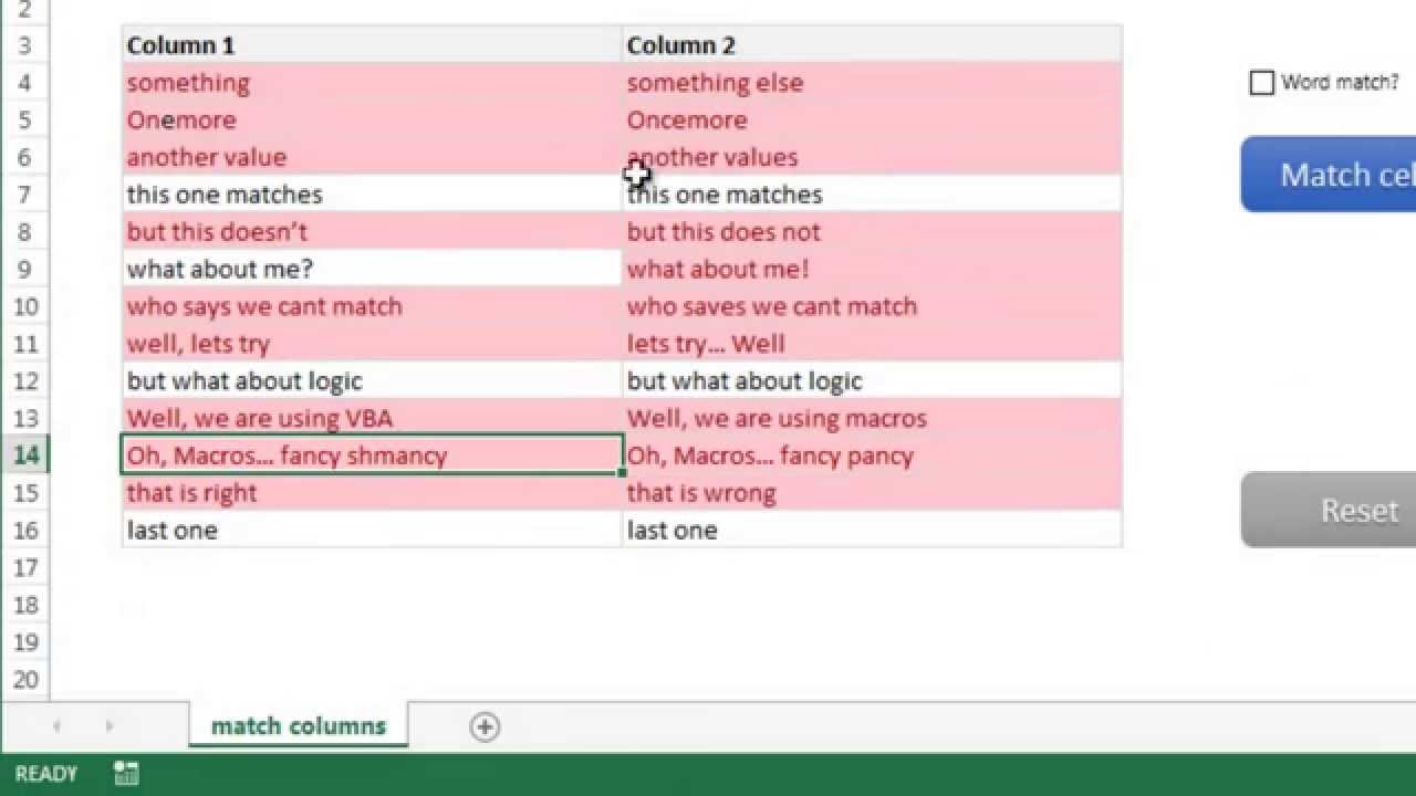 Compare 2 sets of data by letter or word in Excel | ExcelTutorials