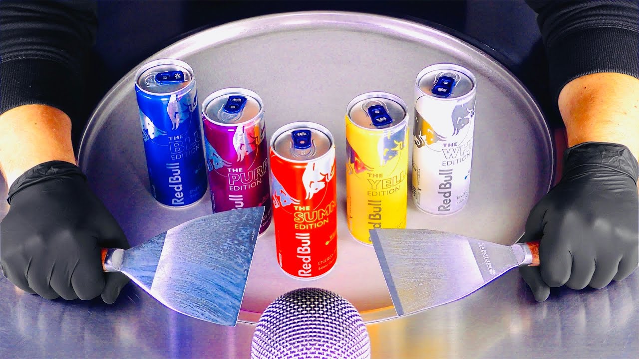 ASMR - Red Bull Ice Cream Rolls | crushing and mixing Energy Drinks to rolled Ice Cream - Food Art