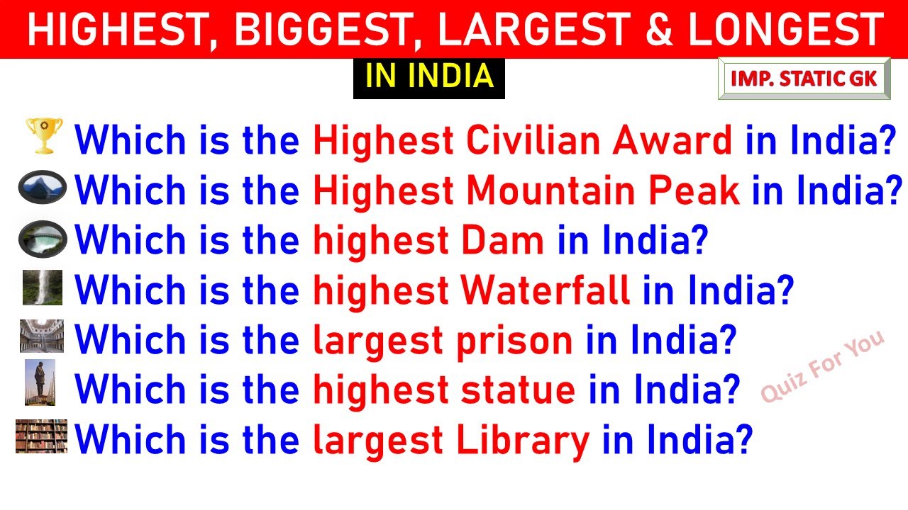 LARGEST,BIGGEST,LONGEST,HIGHEST IN INDIA| STATIC GK
