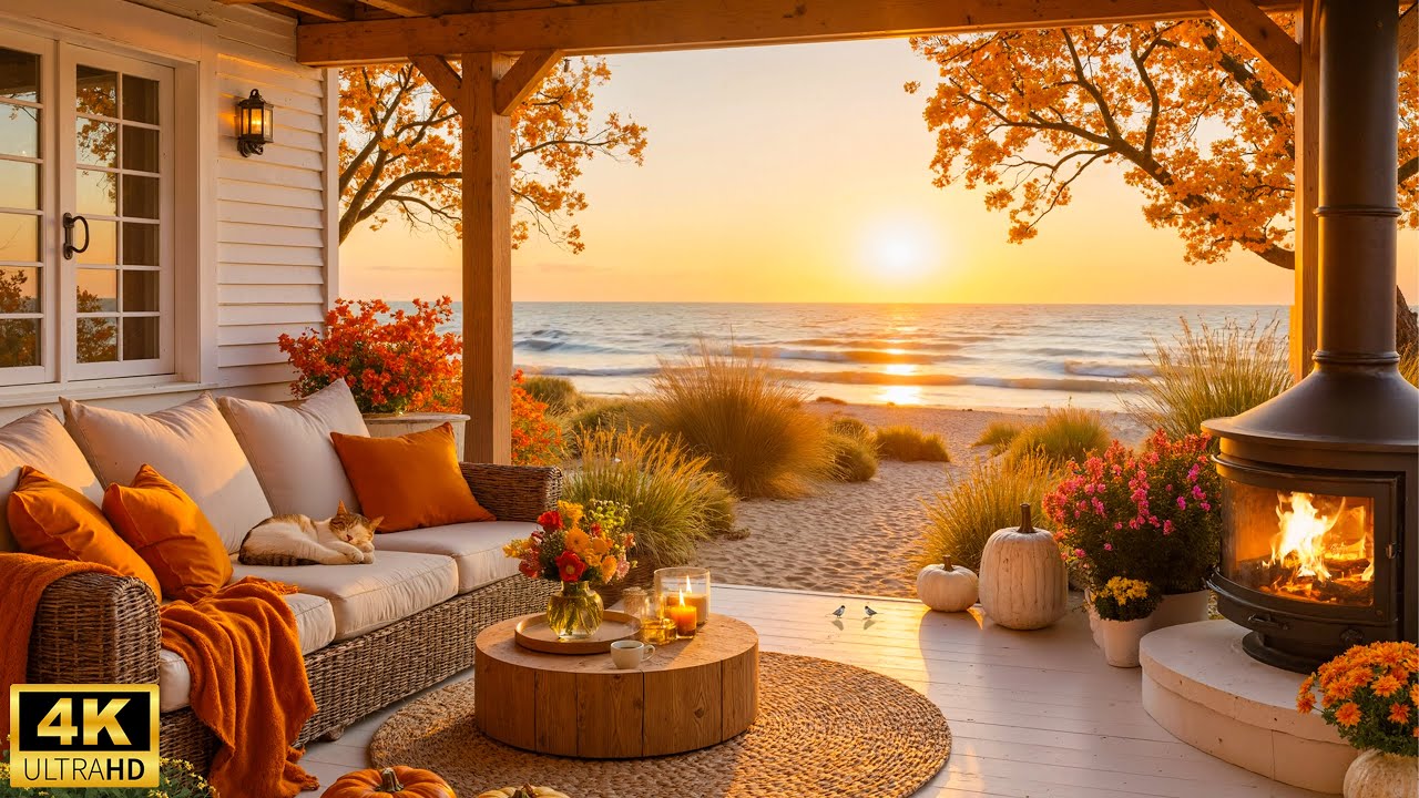 Autumn Beach Sunset - Relaxing Piano with Fireplace & Ocean Waves | Chill Music for Sleep & Study