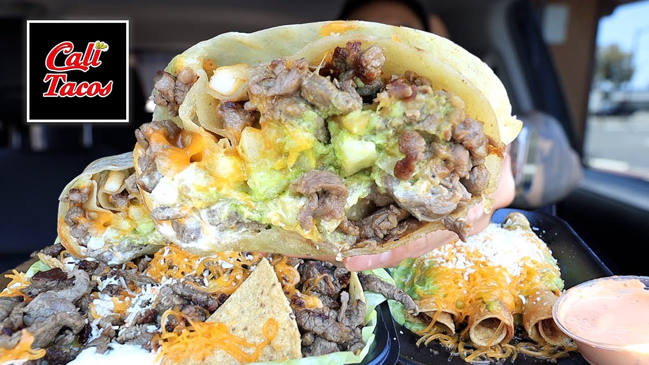 MUKBANG EATING LOADED CALI BURRITO, LOADED AND CHEESY CALI NACHOS, CRISPY ROLLED SHREDDED BEEF TACOS
