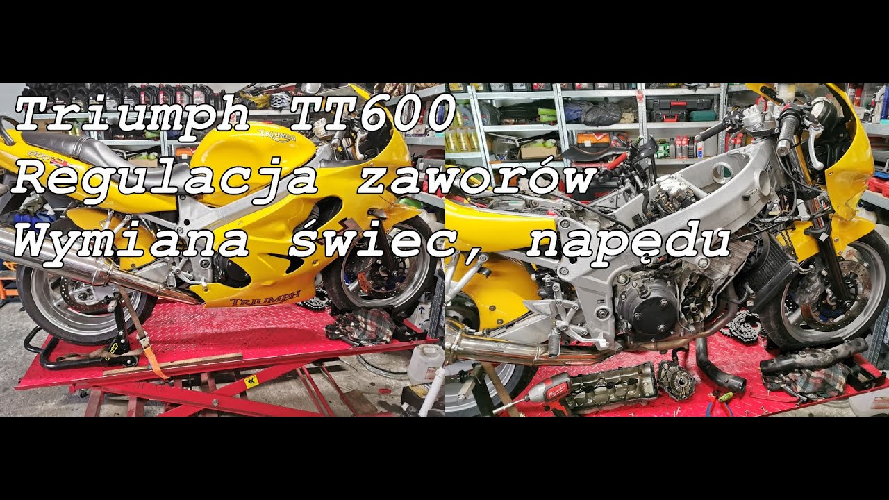 Triumph TT 600, regulacja zaworów, wymiana świec, wymiana zestawu napędowego.