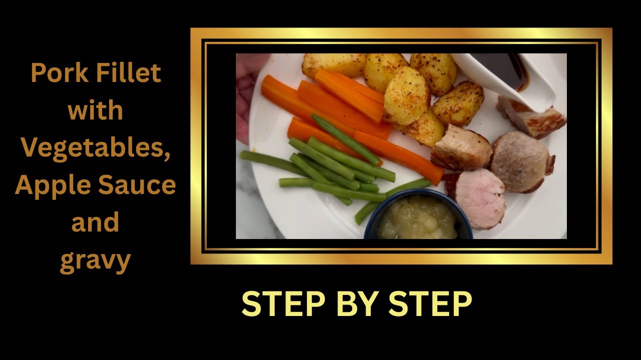 Roast Pork Fillet with Garlic and Paprika roast potatoes, Carrot Batons and Green Beans with gravy.