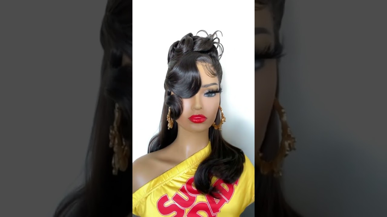 ￼ 90s pin curls half up half down updo look, on a synthetic unit.
