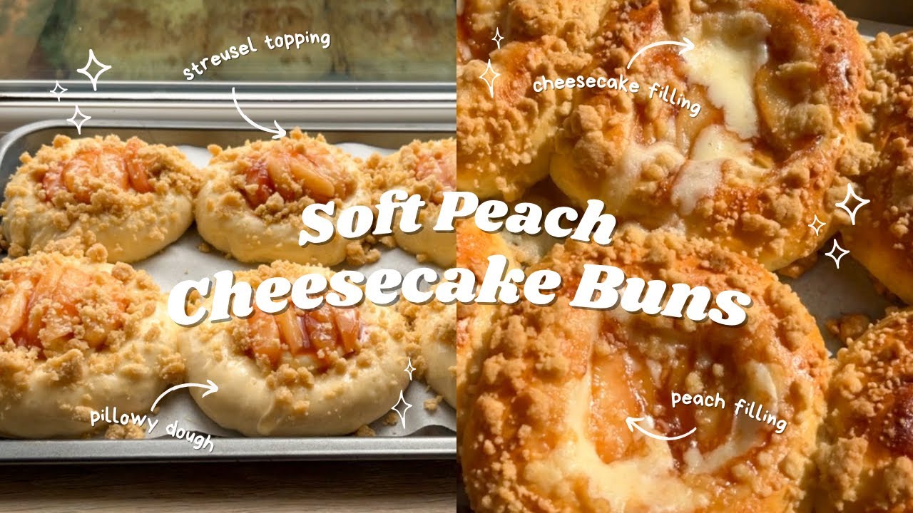 Soft Peach Cheesecake Brioche Buns 🍑 bake with me