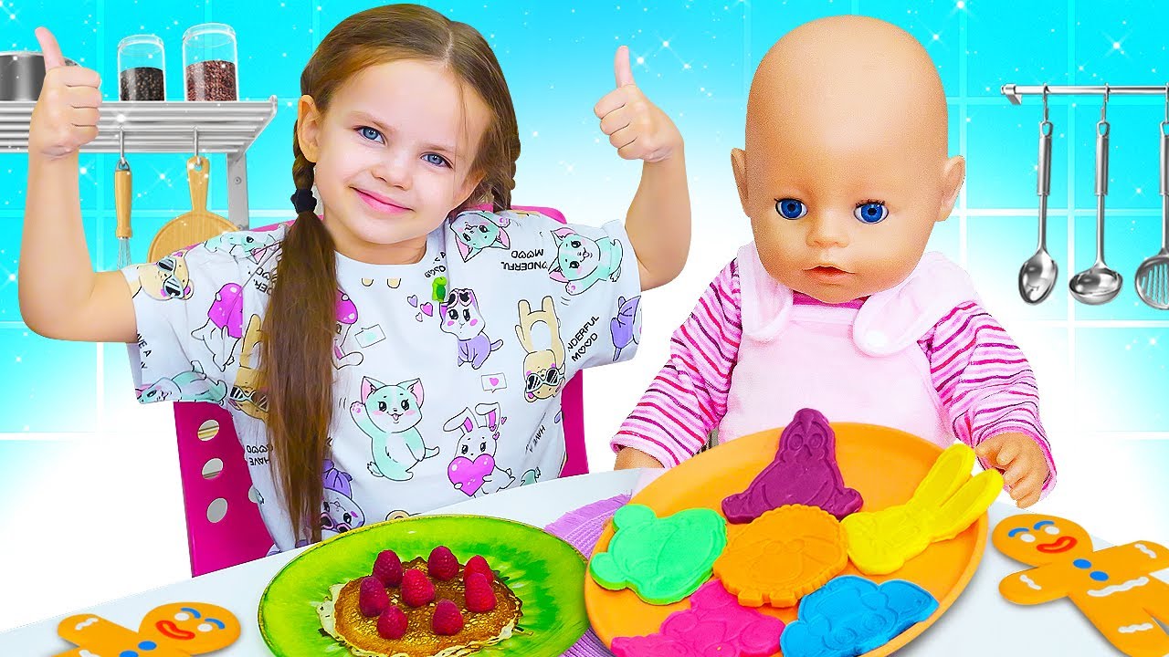 Spielzeug Video für Kinder mit Maya und Lina | Baby Puppen. Pfannkuchen zum Frühstück für Baby Born.