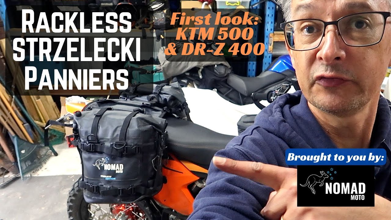 RACKLESS panniers on the KTM 500 EXC, with Nomad Moto Strzelecki panniers