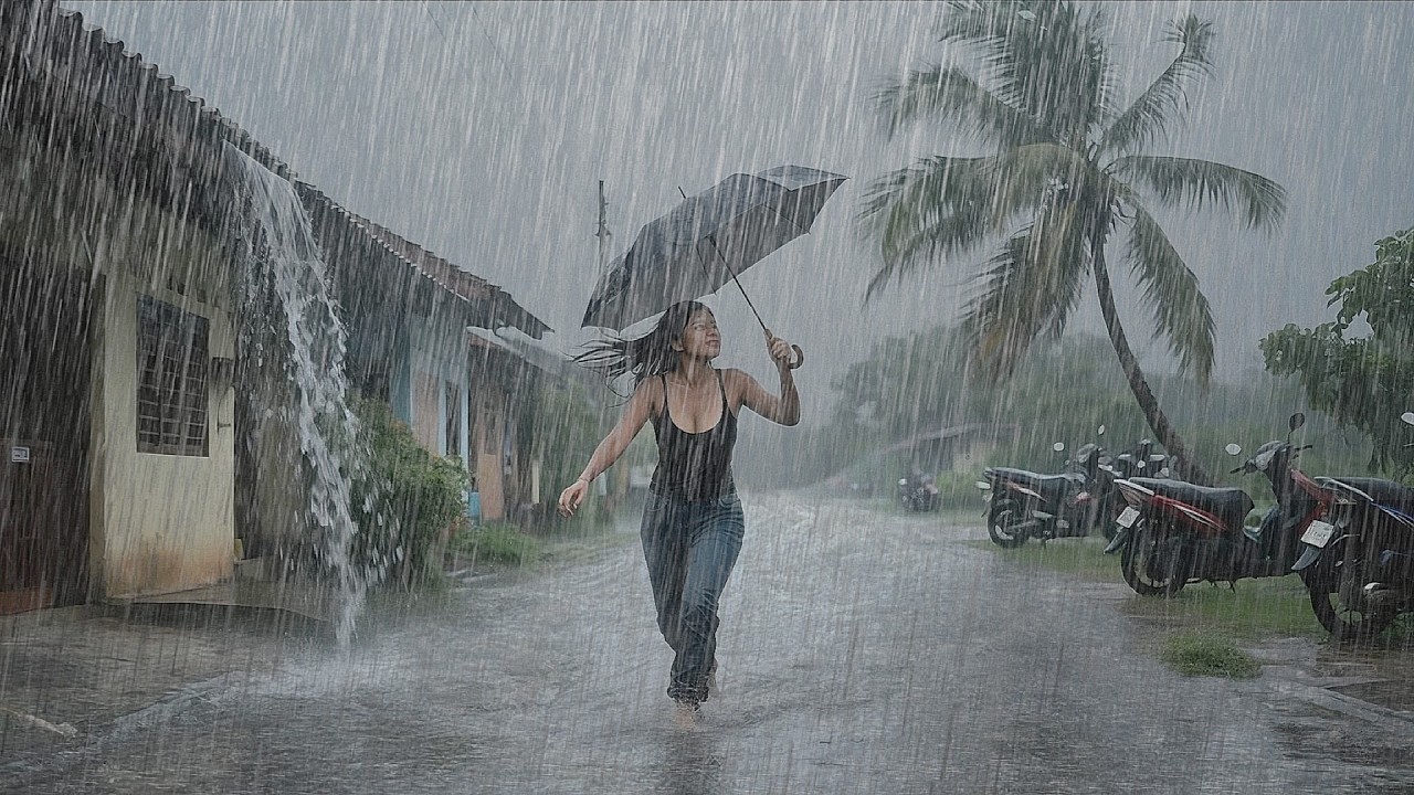 Heavy Rain & Thunderstorms Soaks Indonesian Village Streets During the Day | Walking in the Rain