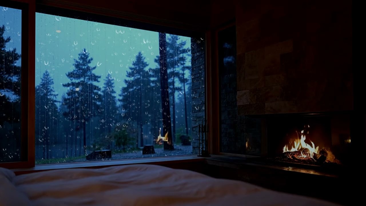 Rainy Night at the Cabin – Fireplace & Rain Sounds for Sleep and Focus