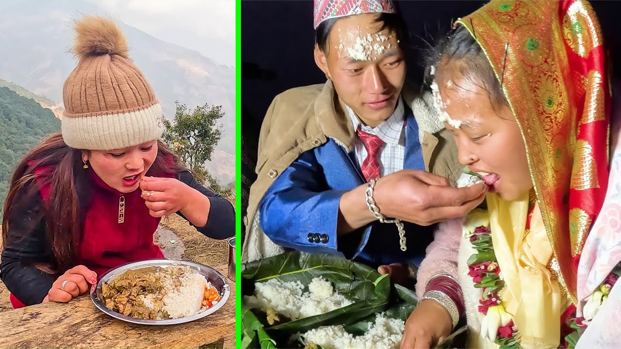 Traditional wedding ceremony party in the village | Eating buff curry with Rice गाउले बिहे भोज खाइयो