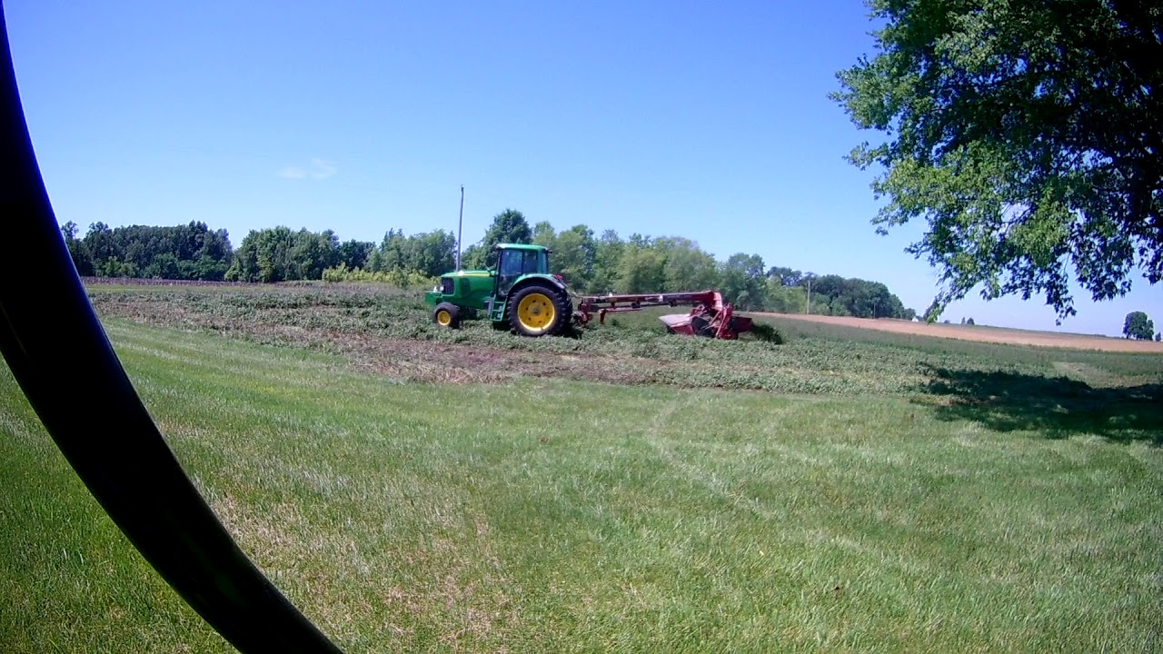 Mowing First Crop Clover Hay - John Deere 7420 | International 826