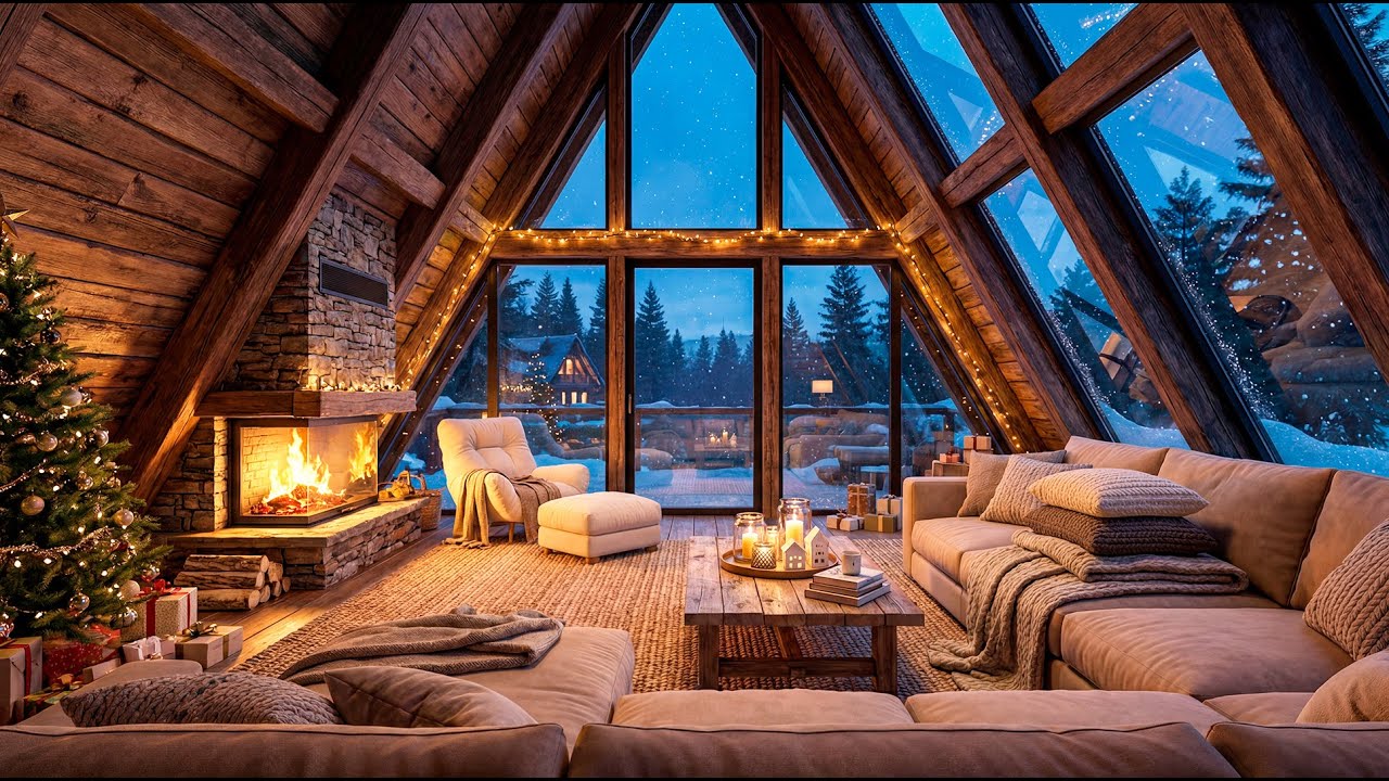 Relaxing Piano Jazz 🎹 Cozy Winter Cabin • Fireplace • Snowfall • Study / Sleep / Chill