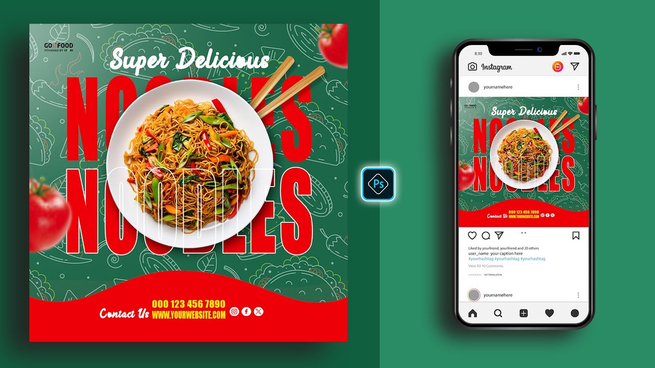 Delicious Noodles Social Media Banner Post Design in Photoshop Tutorial