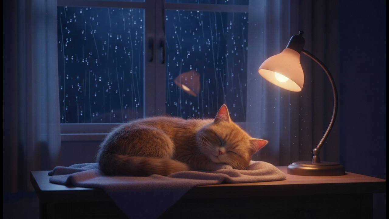 Rainy Night with a Sleeping Cat | Deep Relaxation | 1 Hour #RainSounds #DeepSleep #WhiteNoise #cat