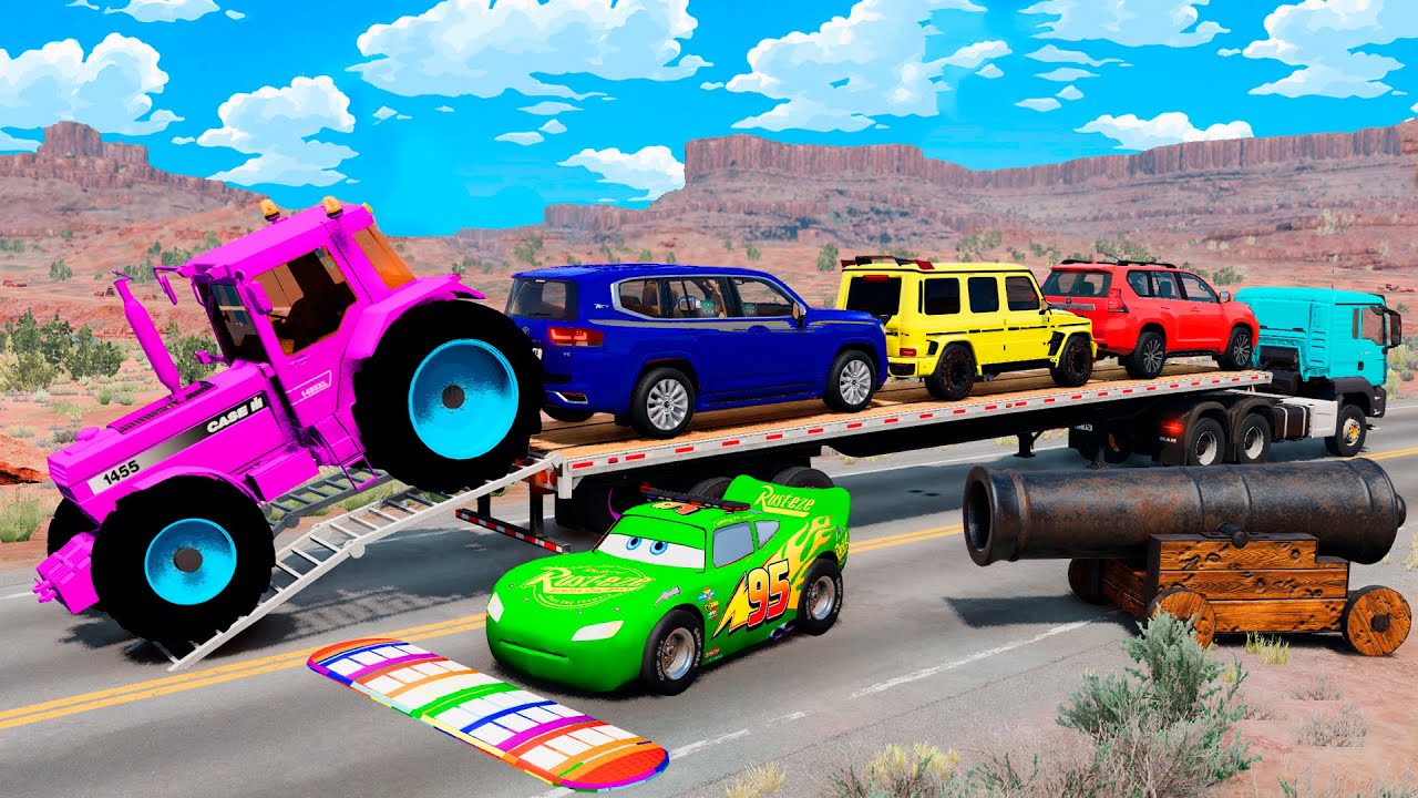 Flatbed Truck McQueen | Transportation with Truck - Pathole vs Car 