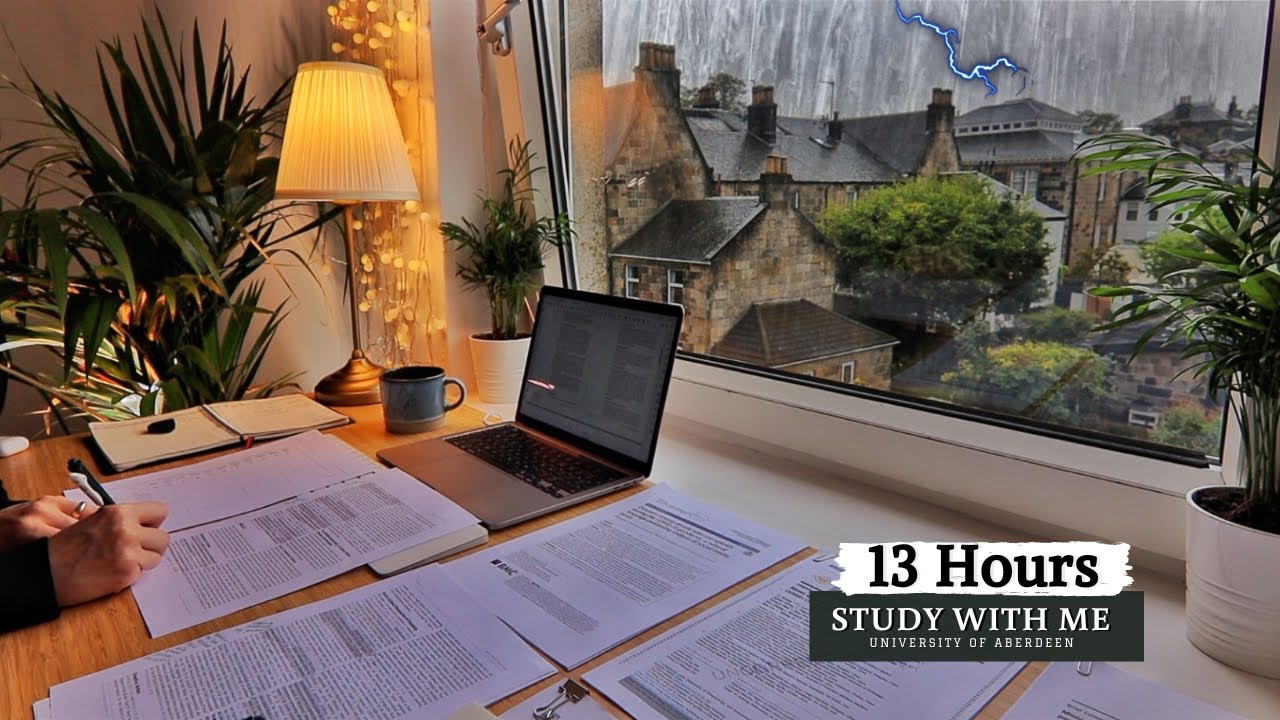 13 HOUR STUDY WITH ME on A RAINY DAY   Background noise, 10 min Break, No music, Study with Merve