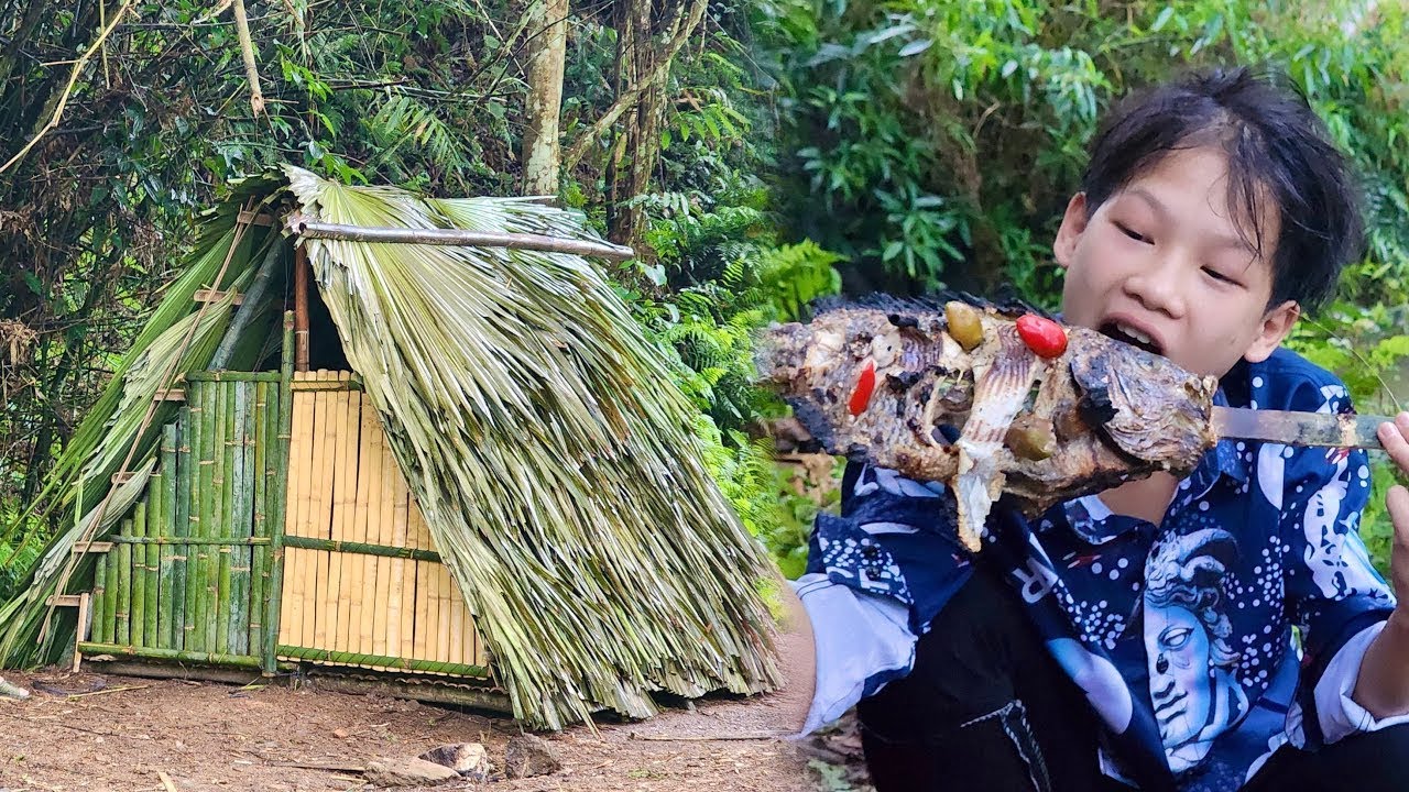 TIMELAPSE: Jungle Orphan Boy Building Bamboo Shelter - START to FINISH
