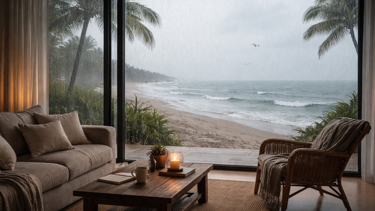 Rainy Beach House Ambience 🌧️ Piano Music, Ocean Waves & Distant Thunder for Sleep or Study