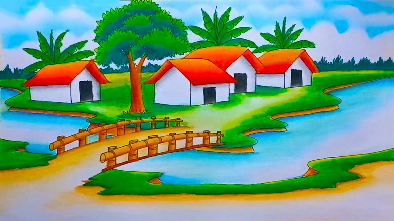 How to draw easy scenery drawing beautiful landscape village | Riverside Village drawing With bridge