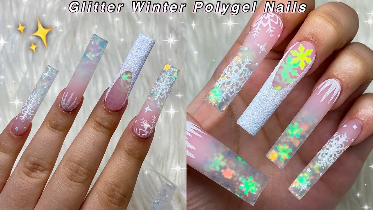 GLITTER WINTER POLYGEL NAILS✨ HOW TO GLITTER OMBRE & NAIL ART DESIGN | Nail Tutorial