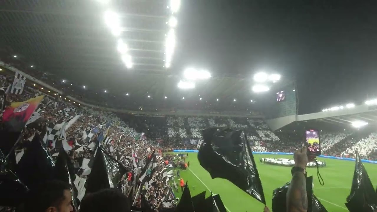 NEWCASTLE UNITED V PSG CHAMPIONS LEAGUE WALK OUT WITH THE ANTHEM.