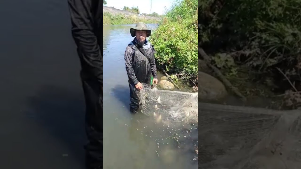 Village style cast net in fast river big surprise catch