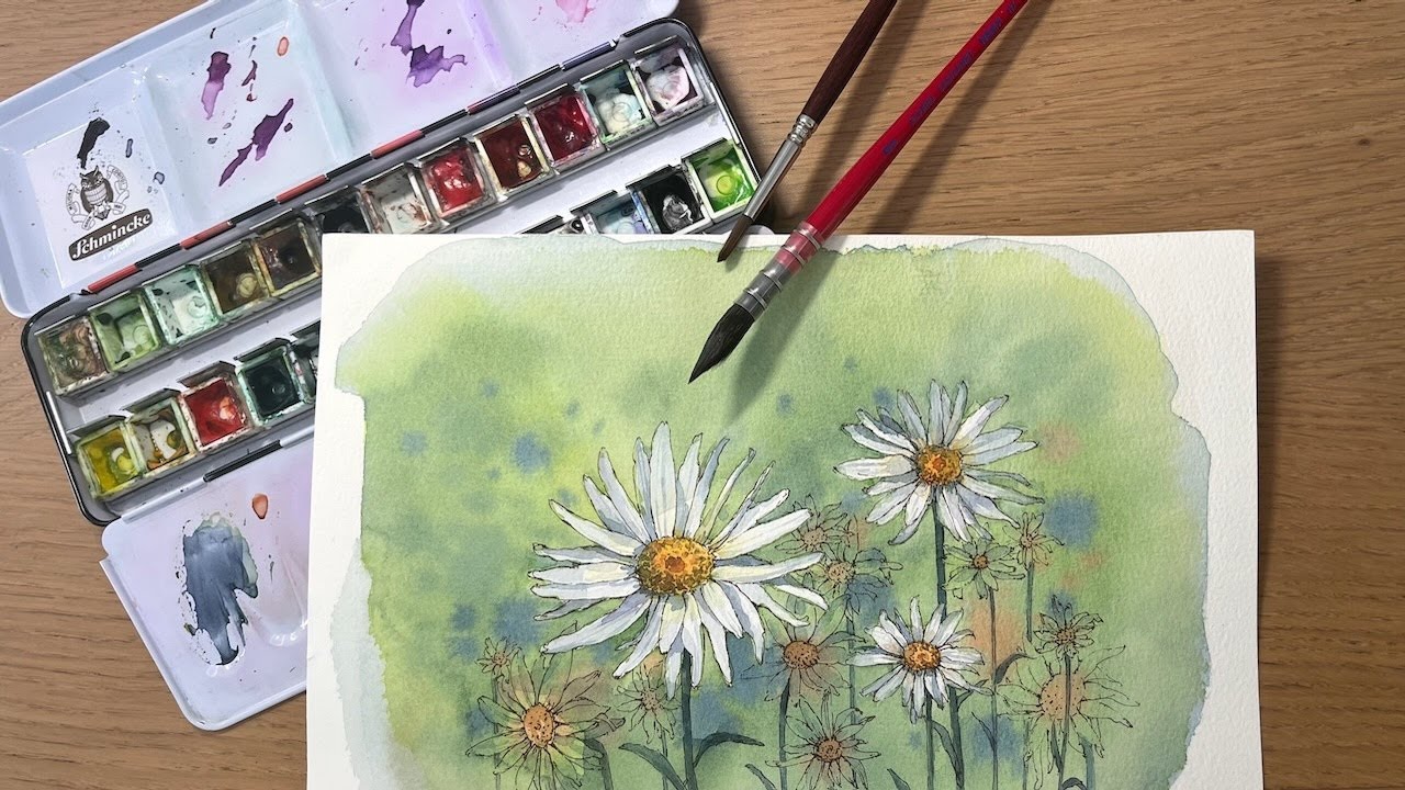 Simple Watercolor Daisy | Ink & Wash | Step-by-Step | On-Screen Text Guide