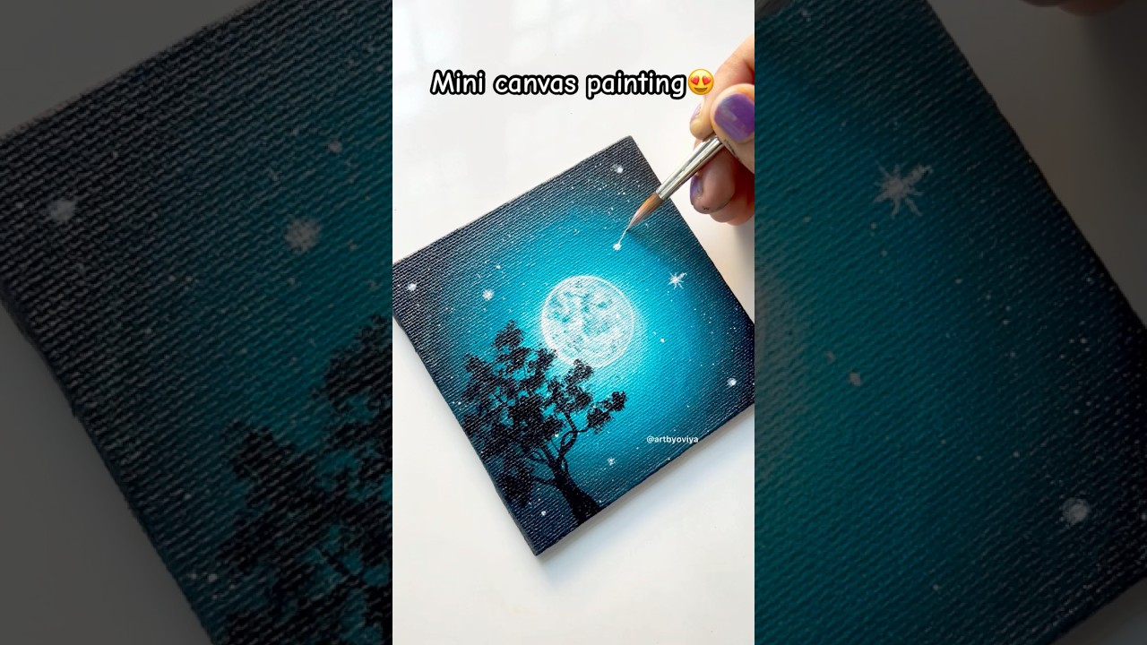 Easy Mini Canvas painting🩵🌕 #shorts #minicanvas #canvaspainting #canvasart #acrylicpainting