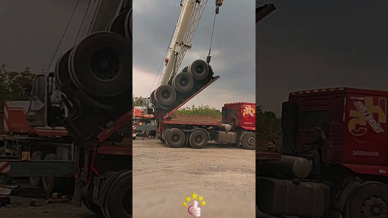 The folding process of a large semi-trailer truck