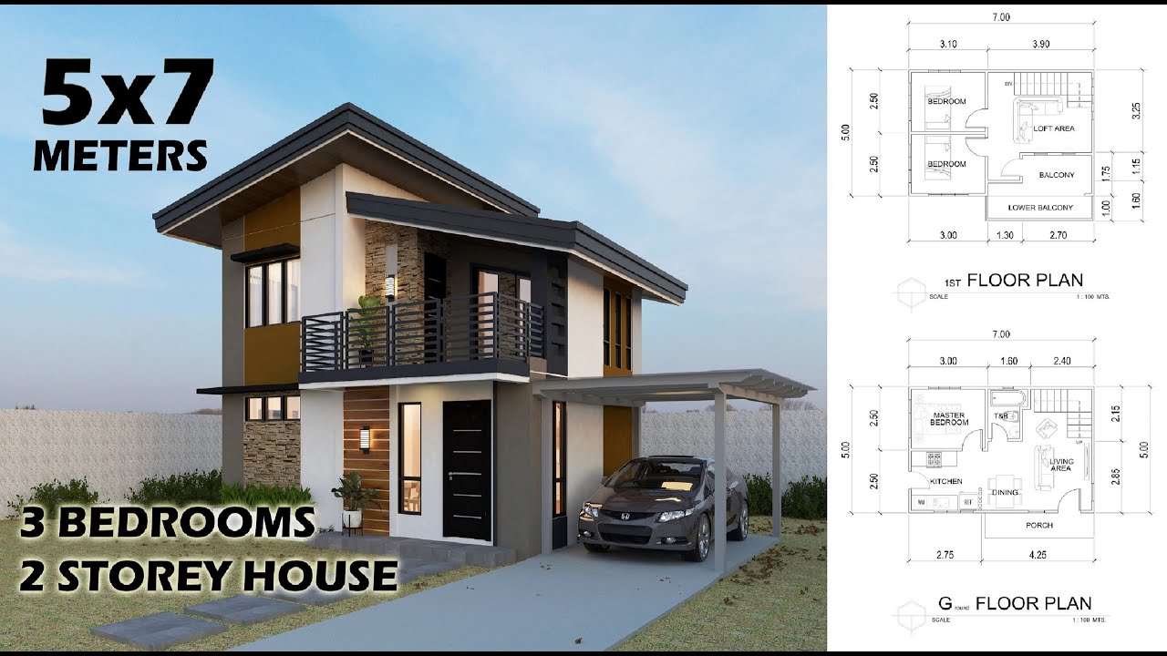 5x7 Meters  -  2 Storey House Design