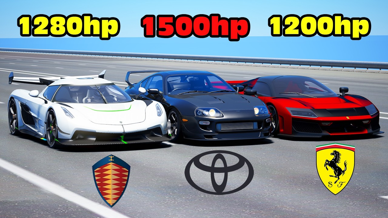 1500-сильная Toyota Supra против Koenigsegg Jesko против Ferrari F80 — дрэг-рейсинг