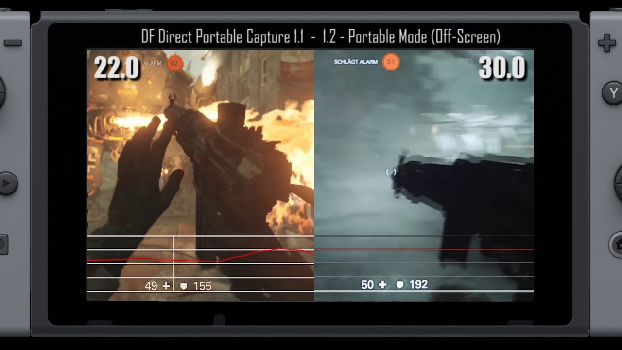 Wolfenstein 2 - Switch Undocked framerate comparison 1.1 vs 1.2 - New York / Neu York