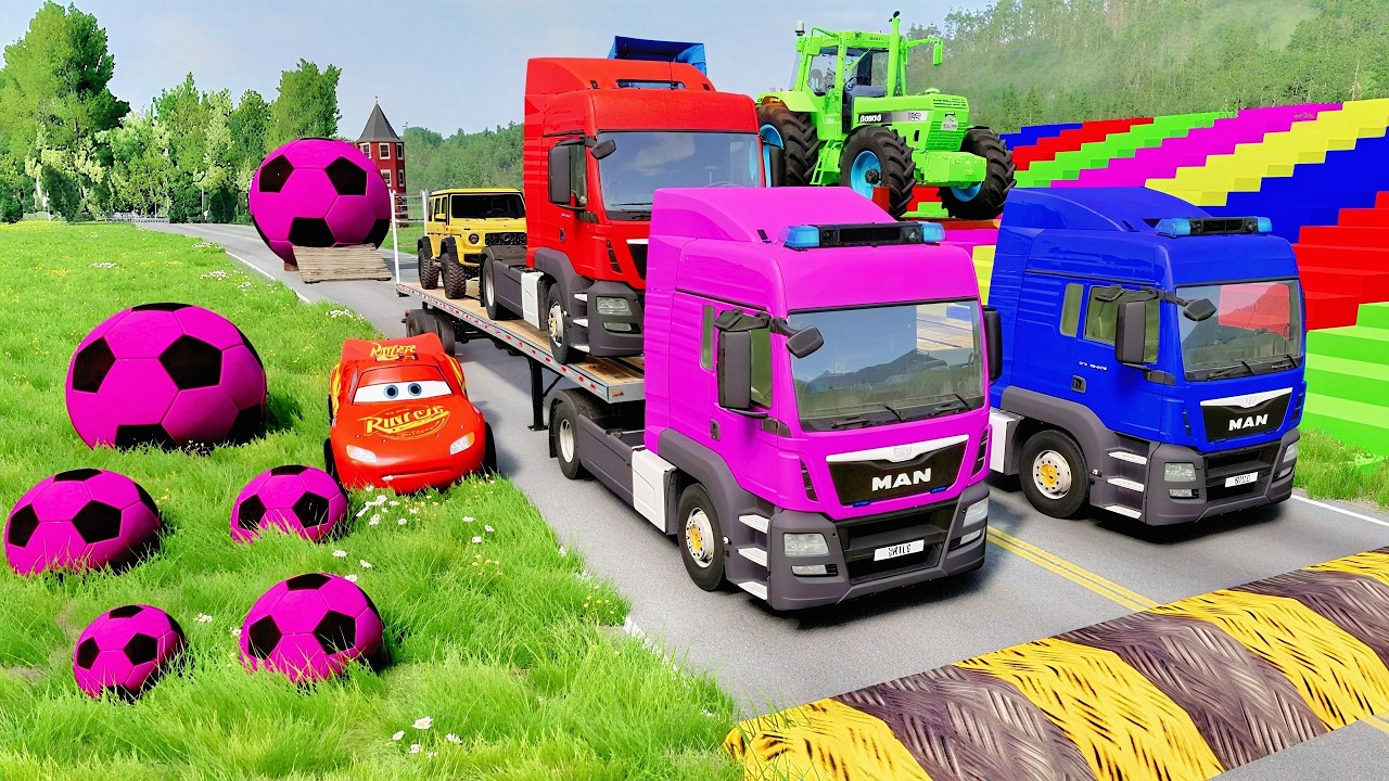 TRANSPORTING PIXAR CARS & FRUITS WITH COLORED & JOHN DEERE vs CLAAS vs TRACTORS - BeamNG.drive #7