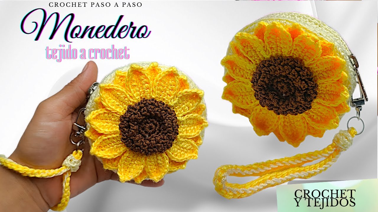 MAGNIFICO monedero cartera tejida a crochet en forma de girasol hermoso y fácil mira el paso a paso