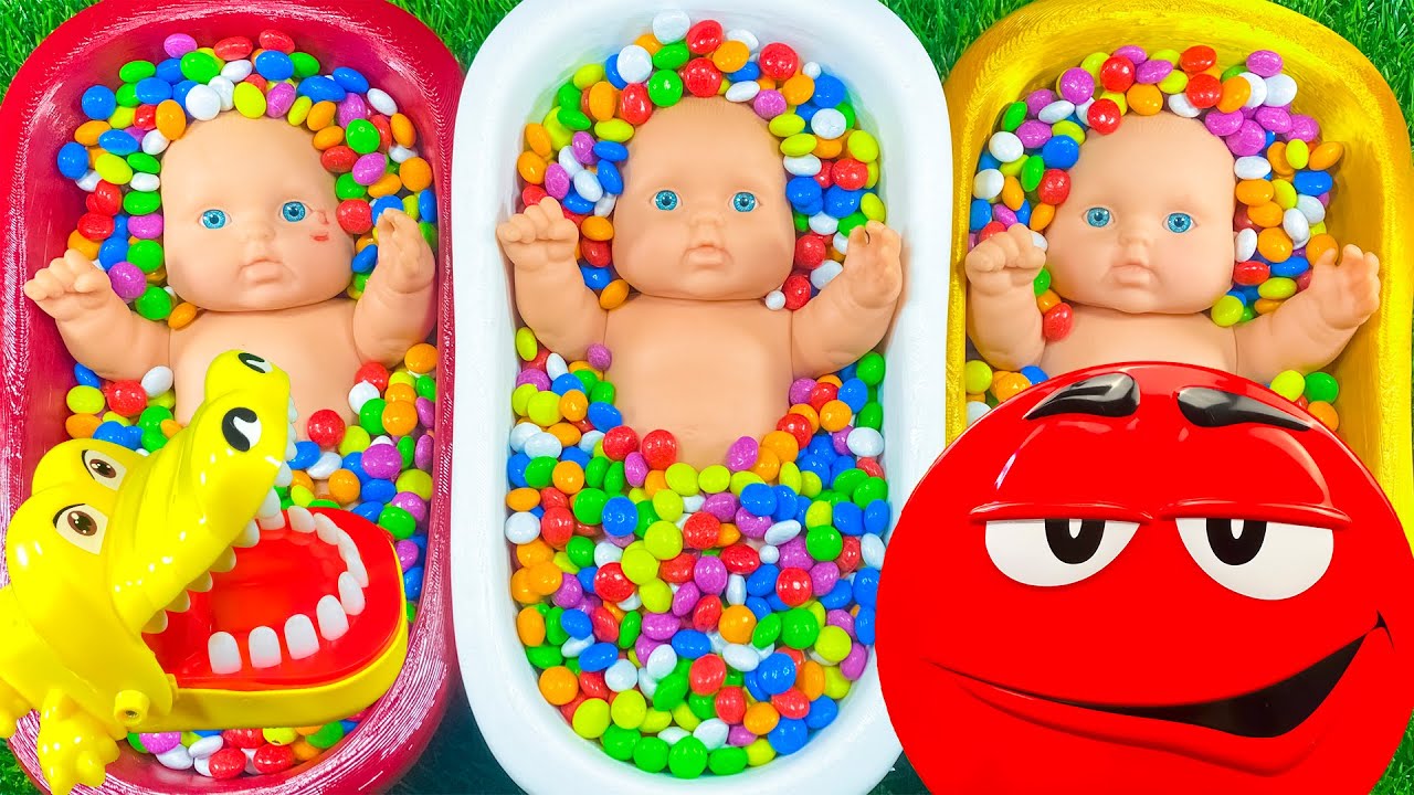 Full of 3 Rainbow BathTubs Candy with M&M's & Magic Slime Cutting Video