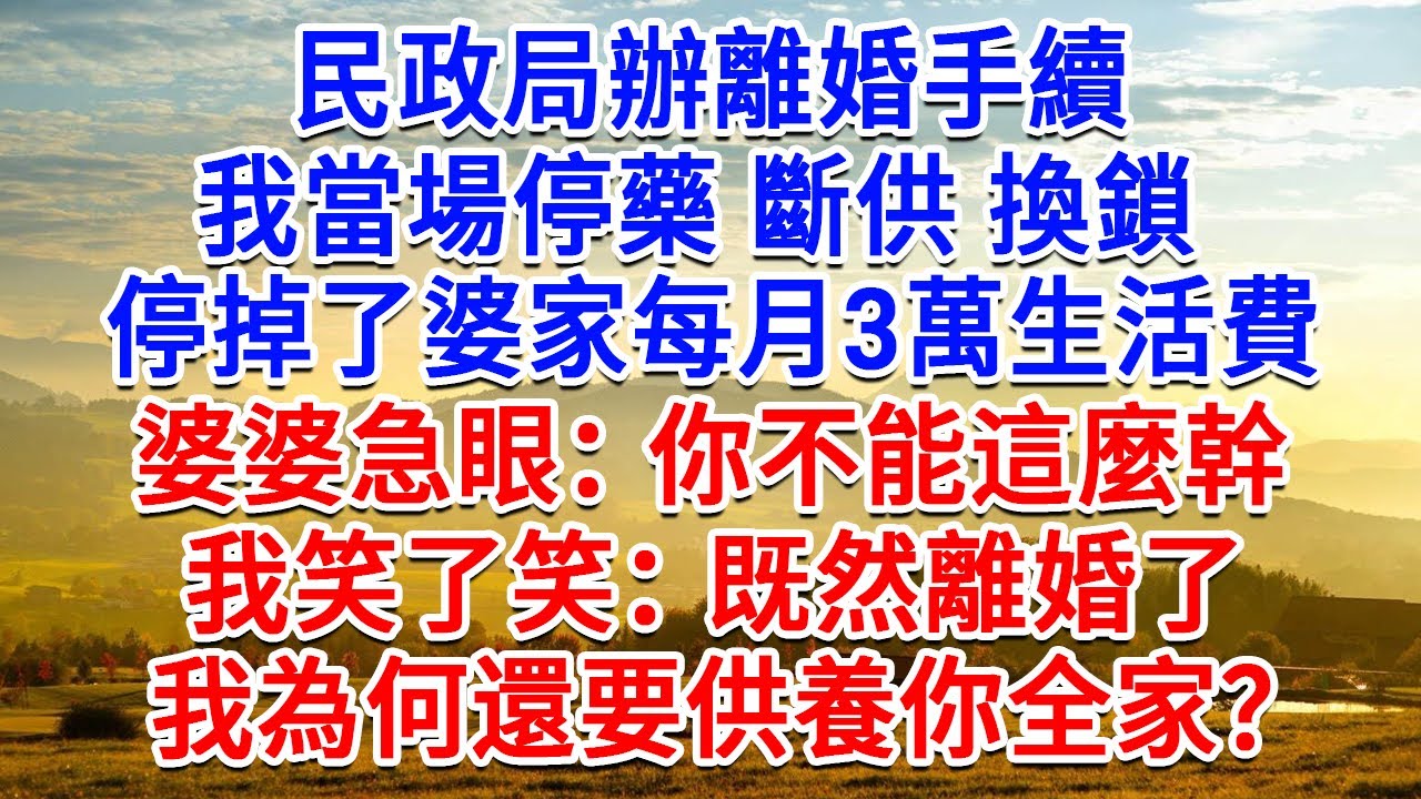 民政局辦離婚手續，我當場停藥 斷供 換鎖，停掉了婆家每月3萬生活費，婆婆急眼：你不能這麼幹！我笑了笑：既然離婚了，我為何還要供養你全家？