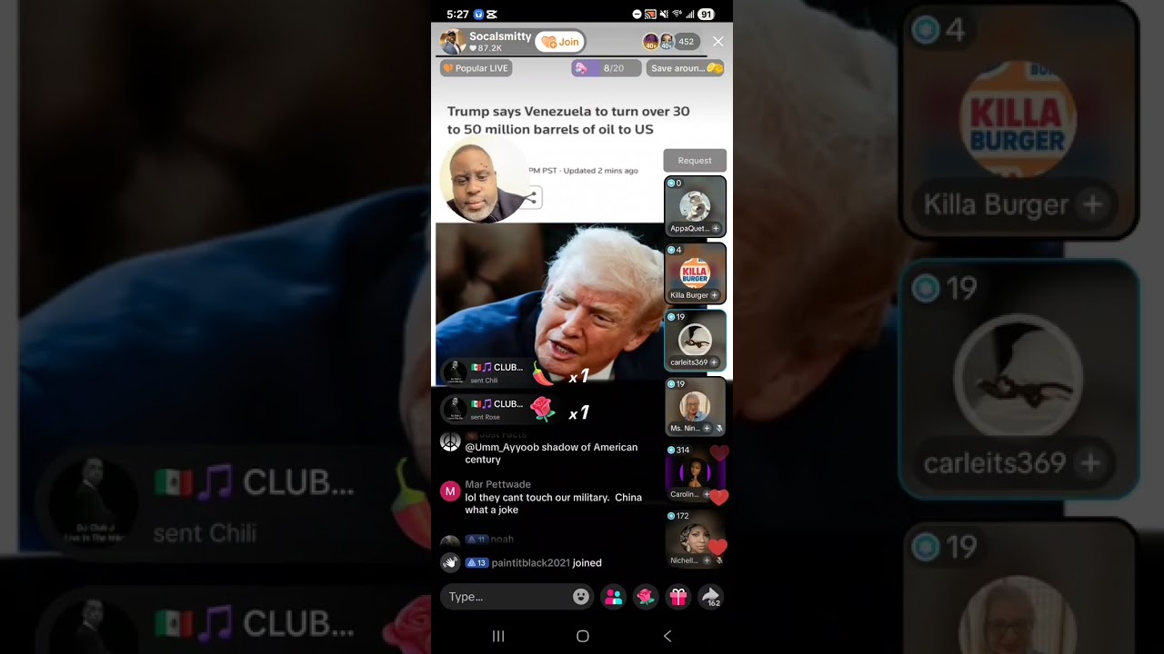 @socalsmitty TikTok Live 01/06/26 Trump says Venezuela Turn Over 30-50 Million Barrels of Oil to US