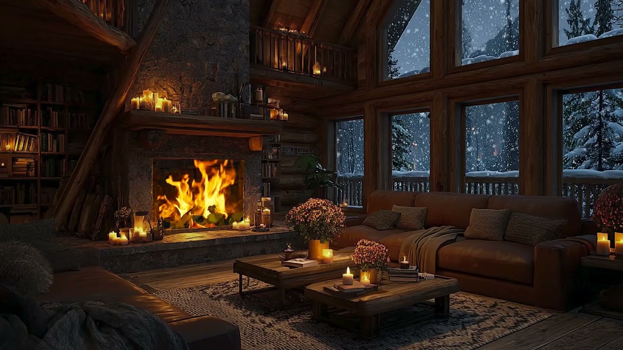 Winter Night Fireplace 🔥❄️ Snow Falling Outside for Cozy Sleep