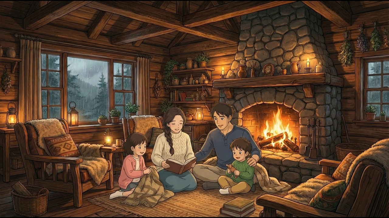 Stormy Night in Our Wooden Cabin – Family Cooking Dinner by the Fireplace | Ghibli ASMR
