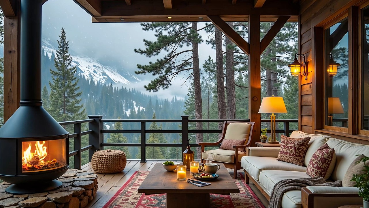 Warm Winter Cabin on Snowy Day ❄ Peaceful Ambience, Fireplace Sound with Piano Music for Relaxation