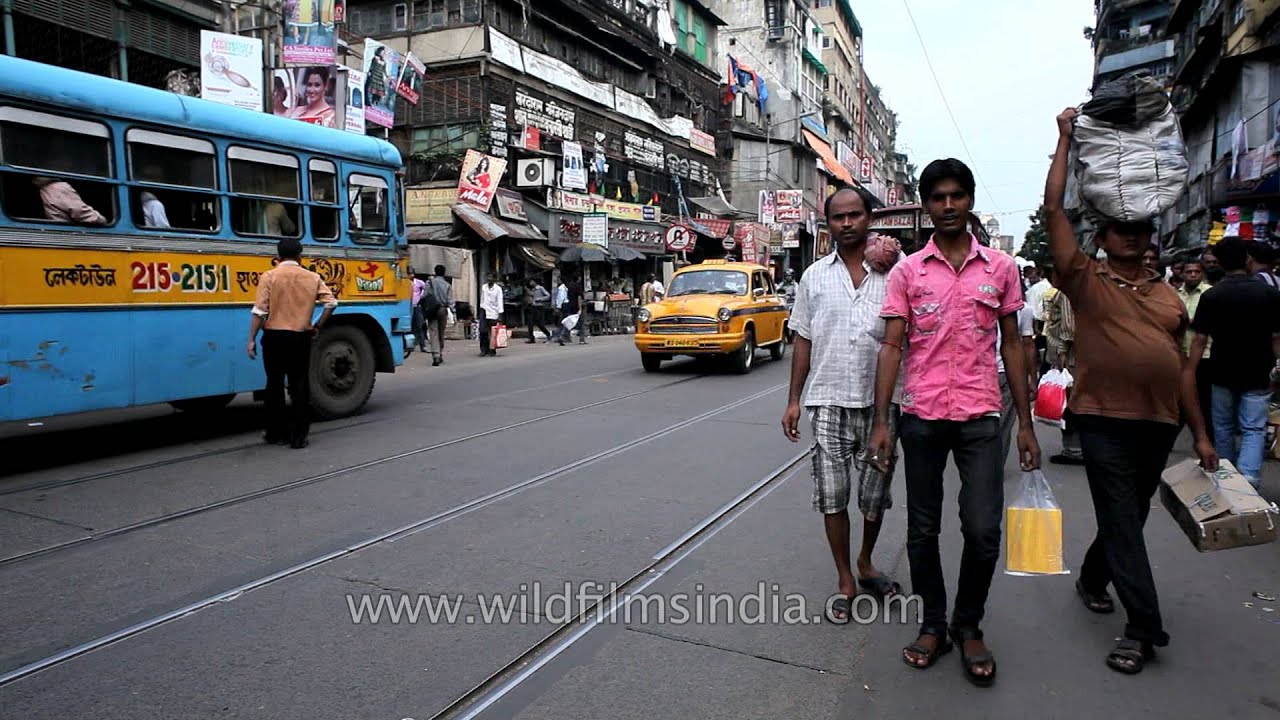 Trams moving in the streets of Kolkata