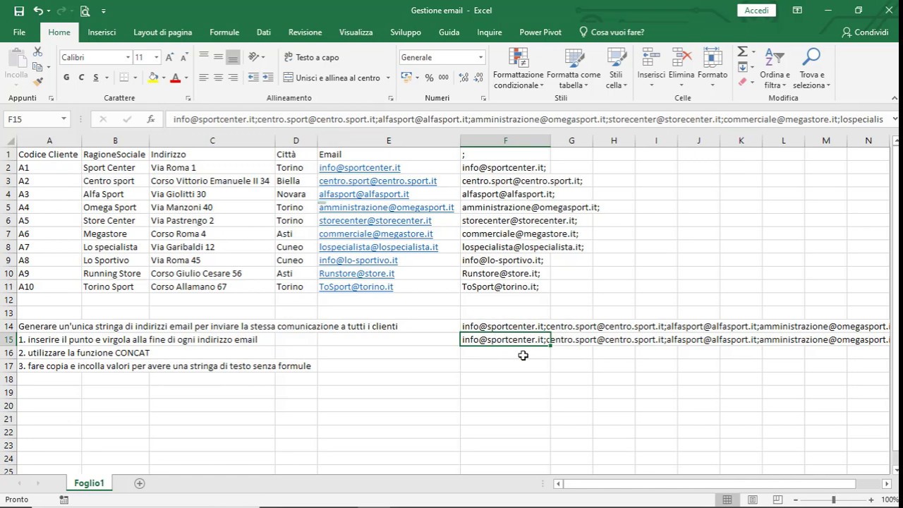 Corso Impiegato Back Office con esempi report Excel - Creare mailing list con Excel